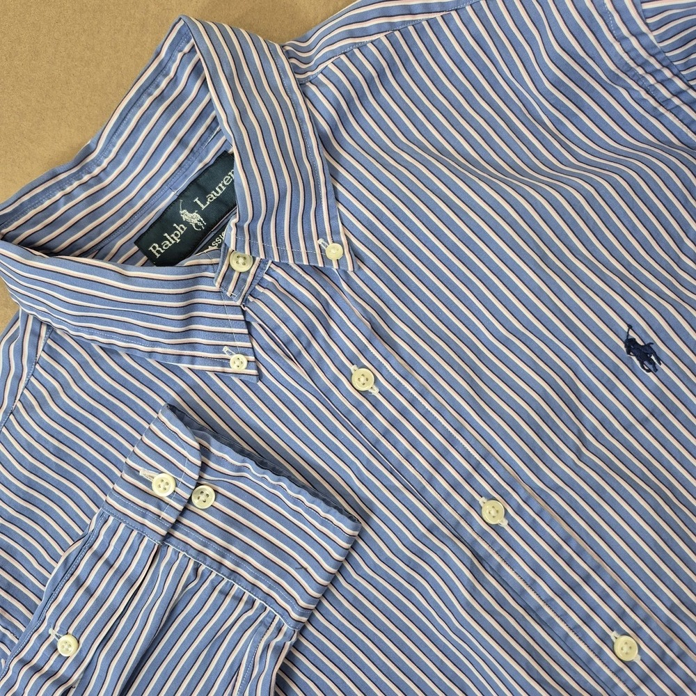 Ralph Lauren Button Down Shirt Mens Size 16 Blue Striped Classic Fit